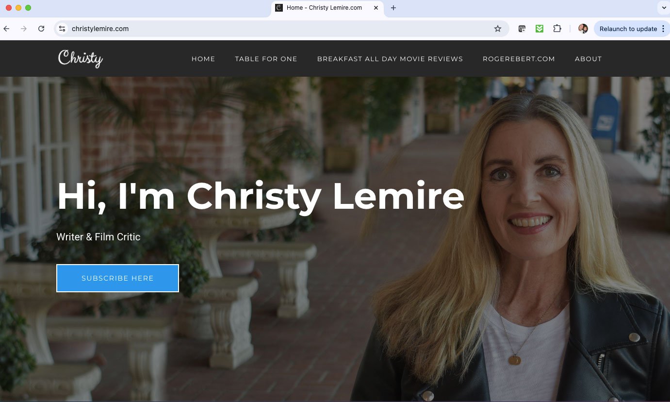 Homepage of christylemire.com with a portrait of the writer and film critic and a bold welcome headline