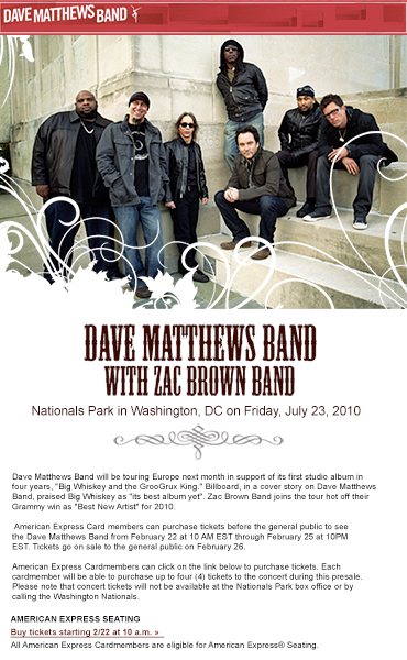 Email promoting a Dave Matthews Band concert, with a black and white band photo and a red heading