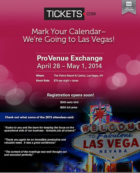 Pink and purple email inviting clients to ProVenue Exchange in Las Vegas, April 28 to May 1, 2014