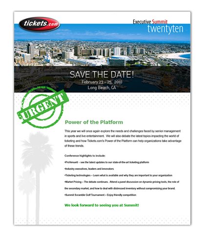 Save the date email with a city skyline photo and a green urgent stamp