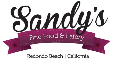 Sandy's Fine Food and Eatery logo in script lettering on a plum ribbon, Redondo Beach, California