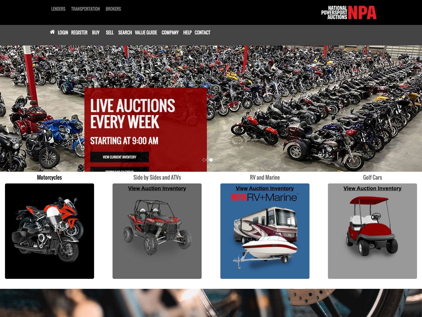 Homepage of npauctions.com showing rows of motorcycles at auction