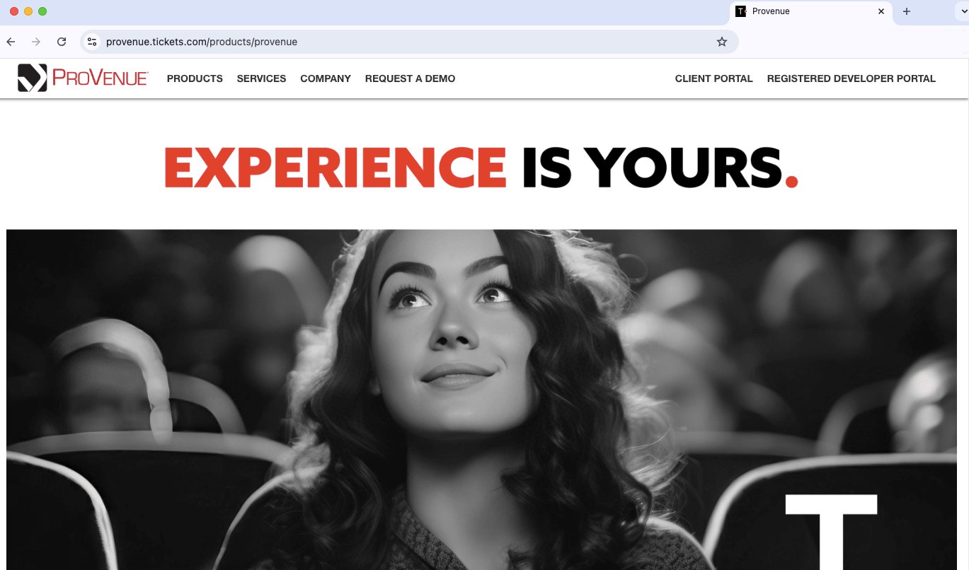 ProVenue by Tickets.com homepage with the headline Experience Is Yours over a black and white photo of a smiling theater-goer
