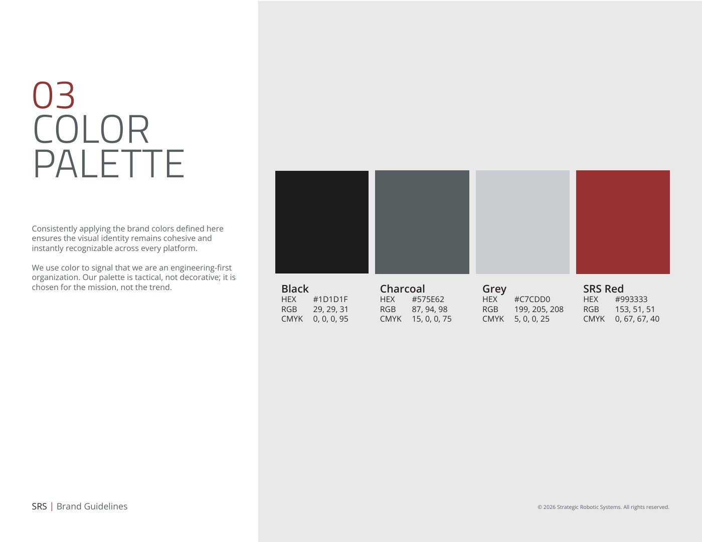 Color palette page with black, charcoal, grey and SRS red swatches and their values