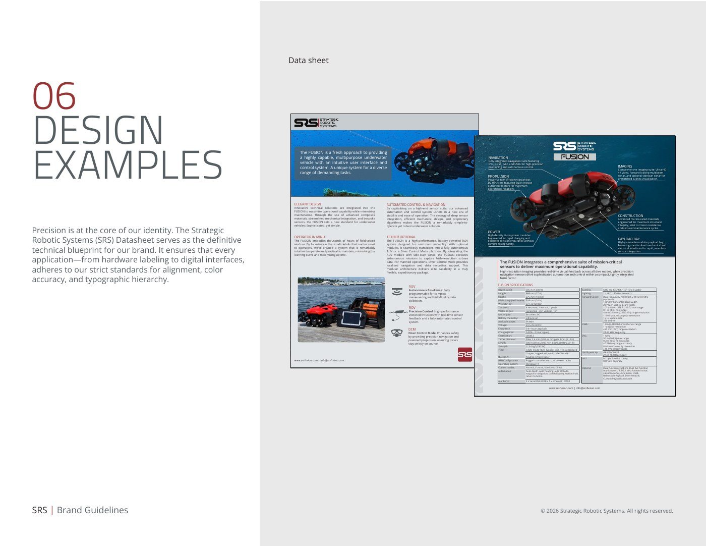Two-page FUSION data sheet with an underwater vehicle photo and a specifications table