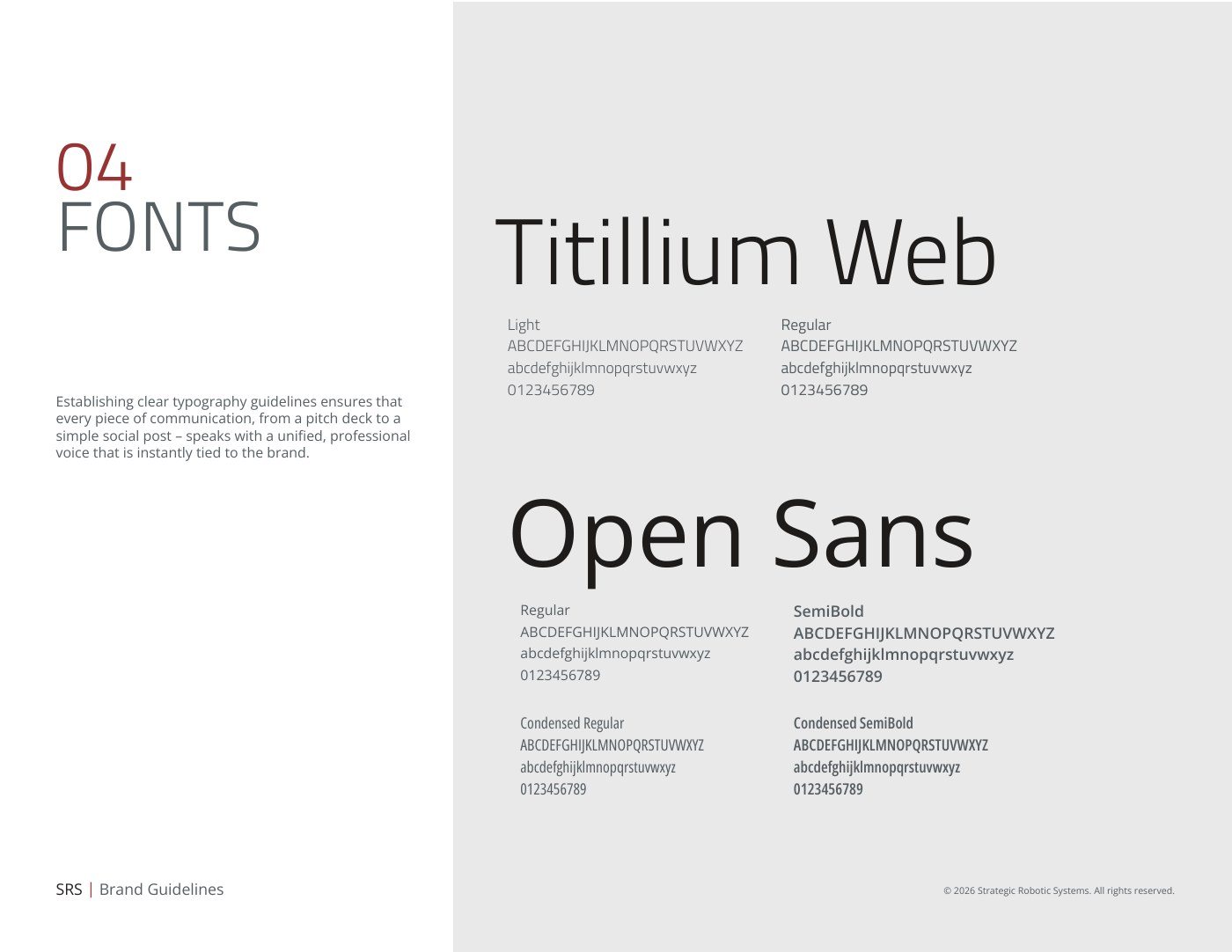 Typography page showing Titillium Web and Open Sans specimens