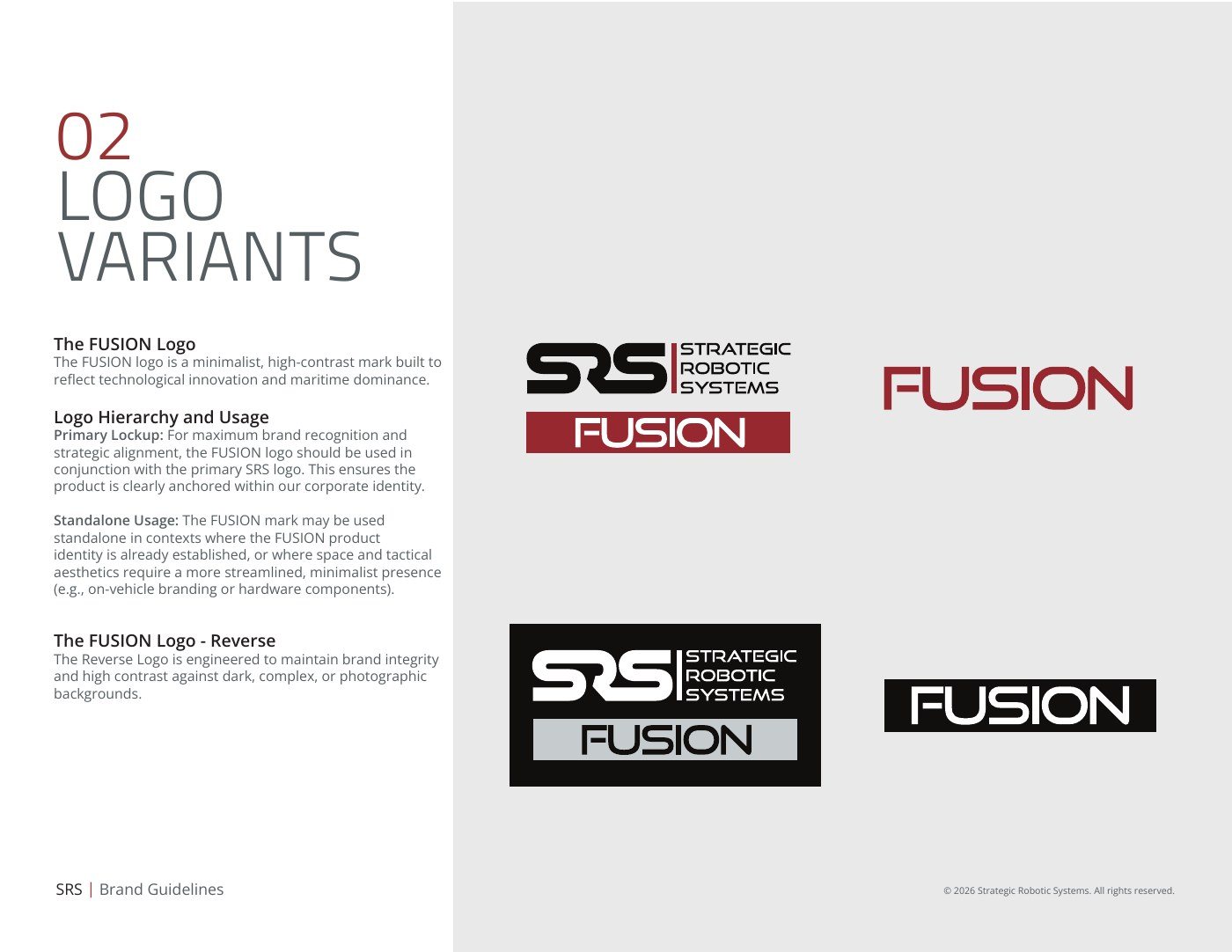 FUSION product logos shown with the SRS logo and standalone, in color and reverse