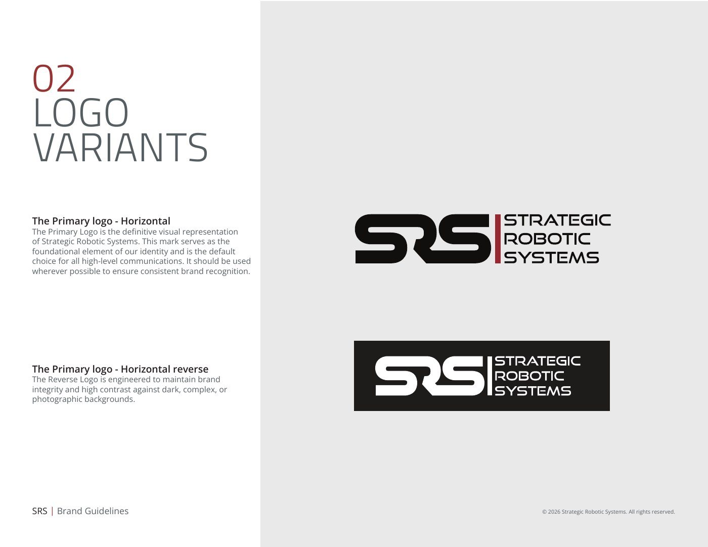 SRS primary horizontal logo in black on grey and in white on black