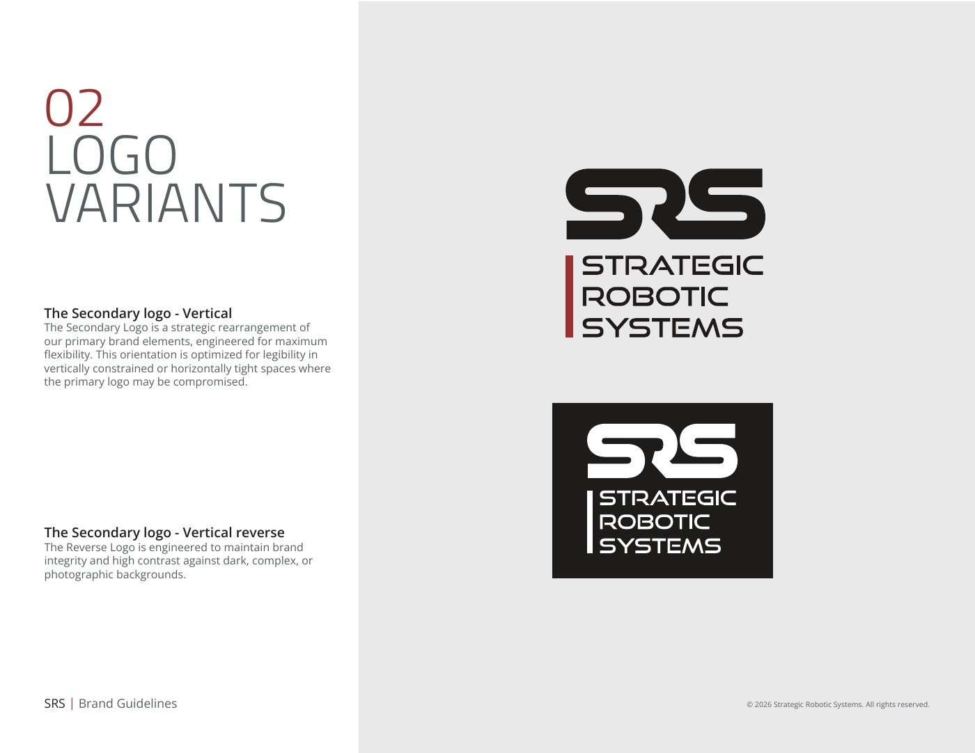 SRS vertical logo stacked above the company name, in black and in reverse