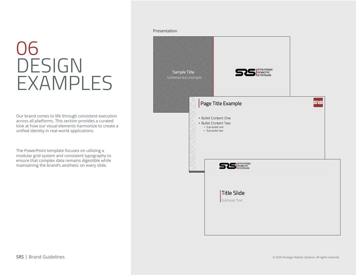 Three sample slides using the SRS template with red accent bars