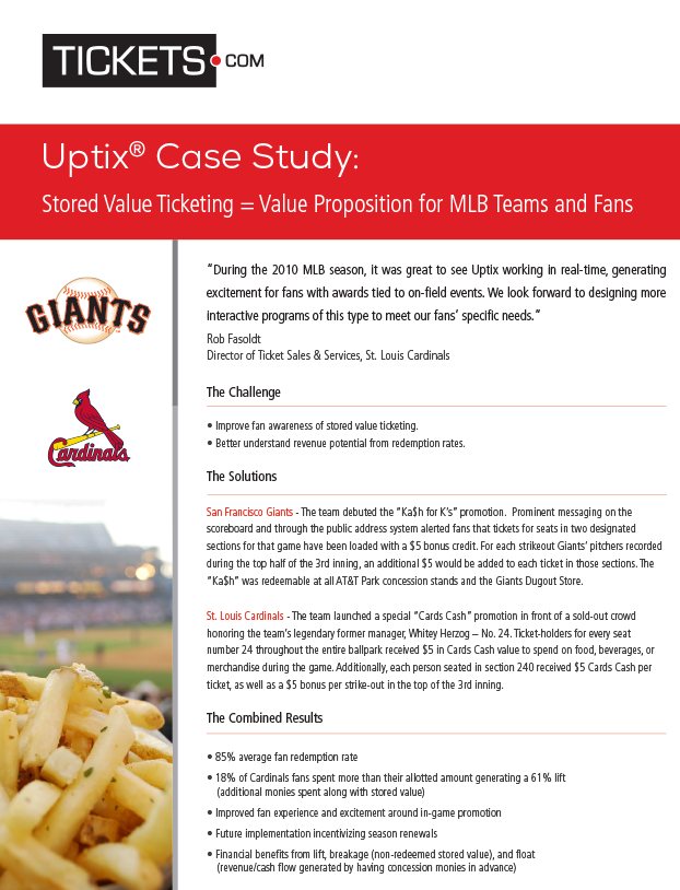 Tickets.com case study page with a red title bar and baseball team logos