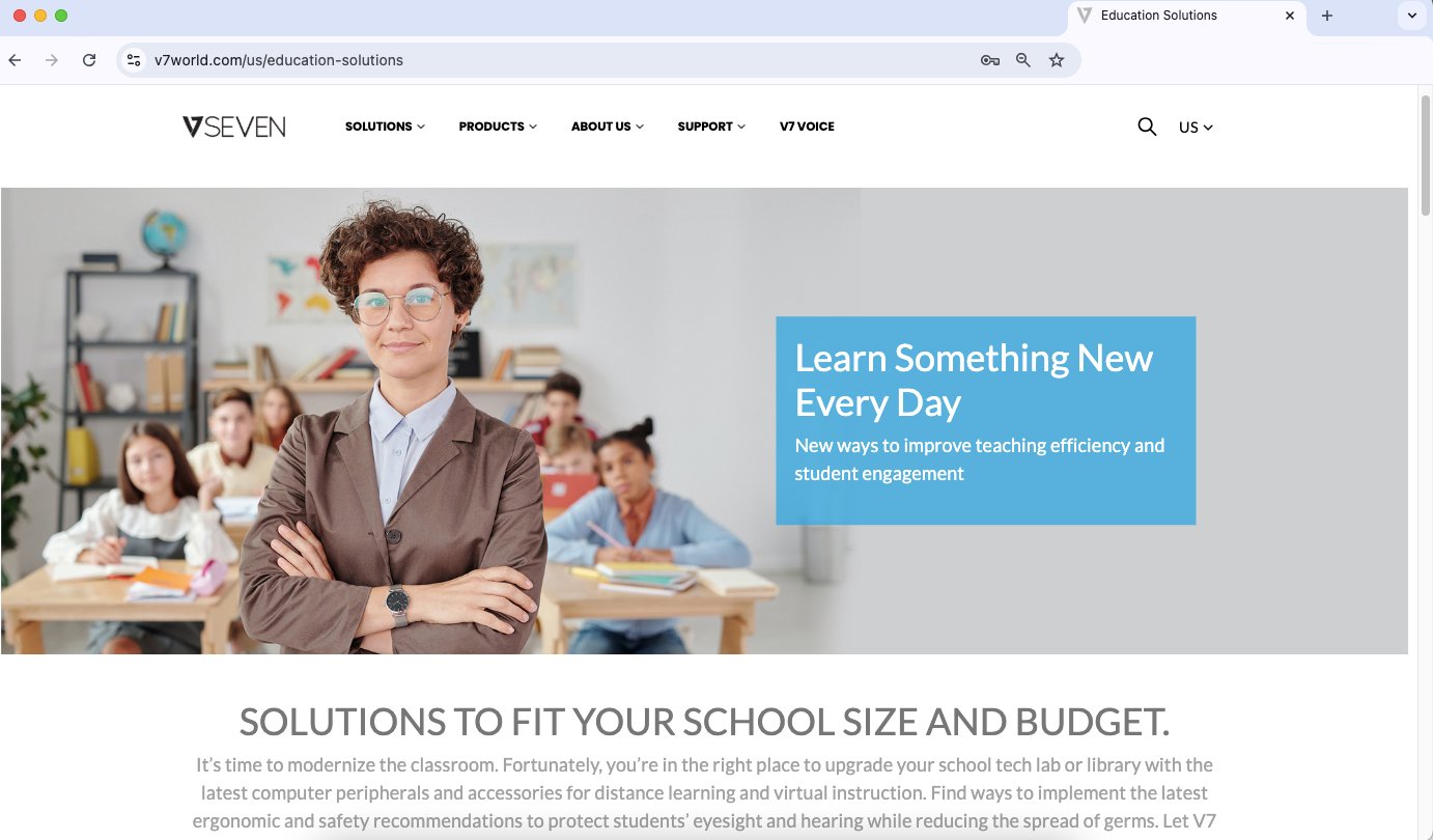 V7 Education Solutions page with a teacher standing in front of a classroom of students