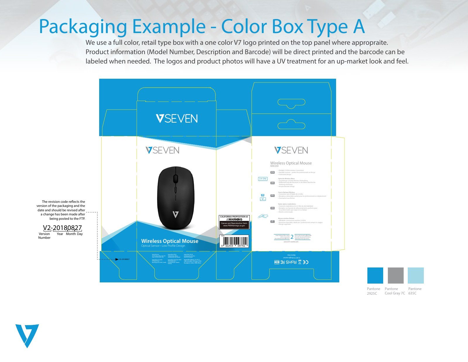 Flat dieline layout of a blue and white retail box for a wireless optical mouse