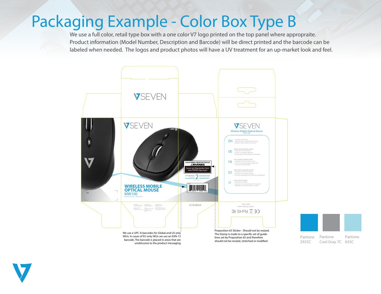 Flat dieline layout of a retail box for a wireless mobile optical mouse with multilingual copy panel