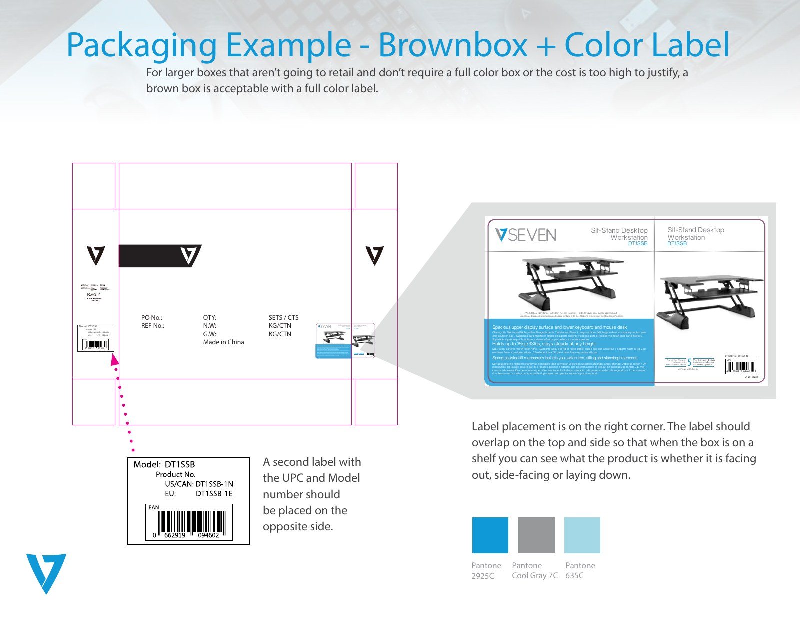 Brown shipping carton dieline with a full color label for a sit-stand desktop workstation