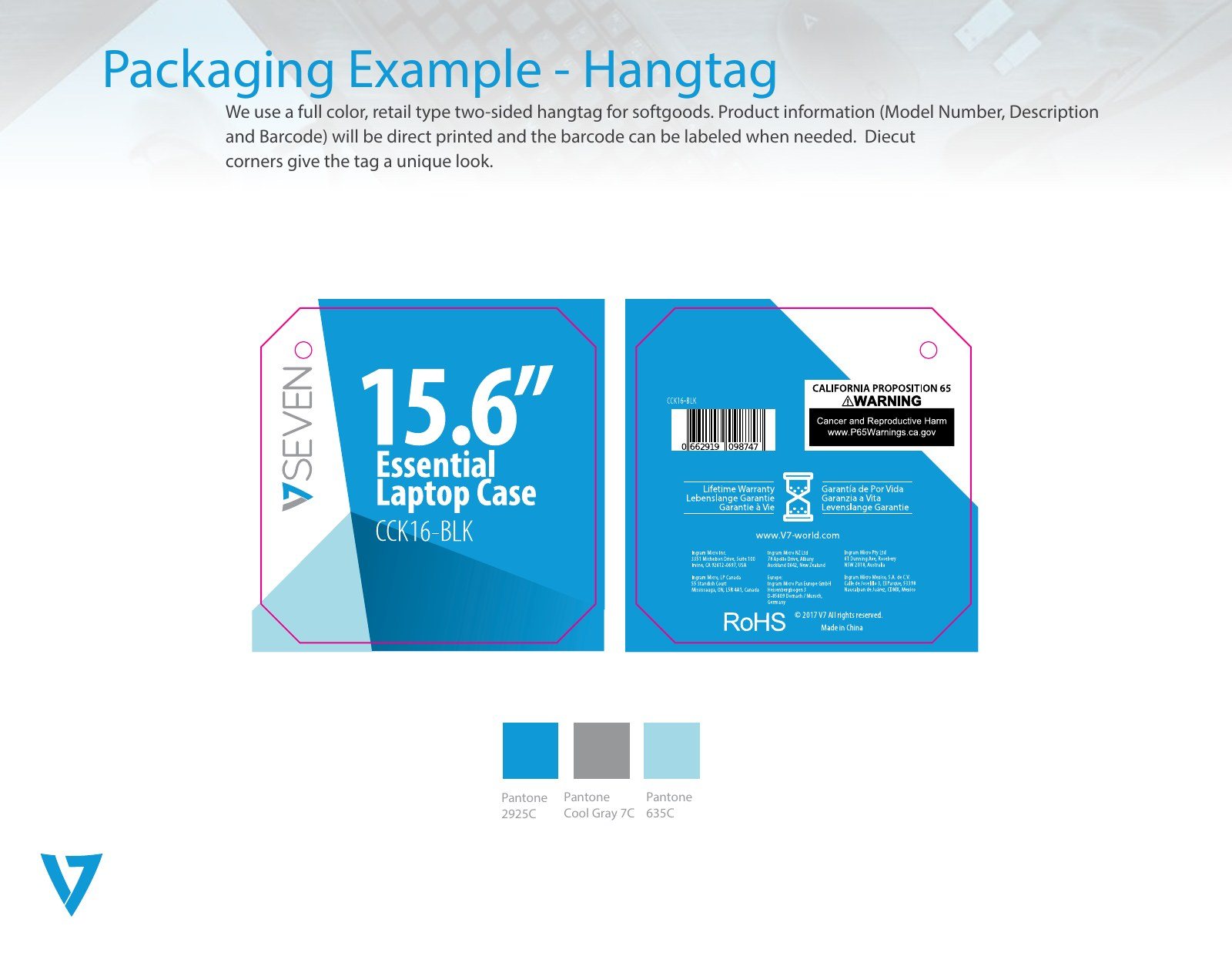 Front and back of a blue die-cut hangtag for a 15.6 inch laptop case
