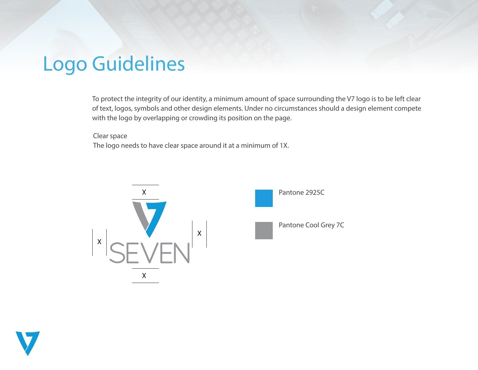 Logo guidelines page showing the clear space rule around the V7 logo and its Pantone colors
