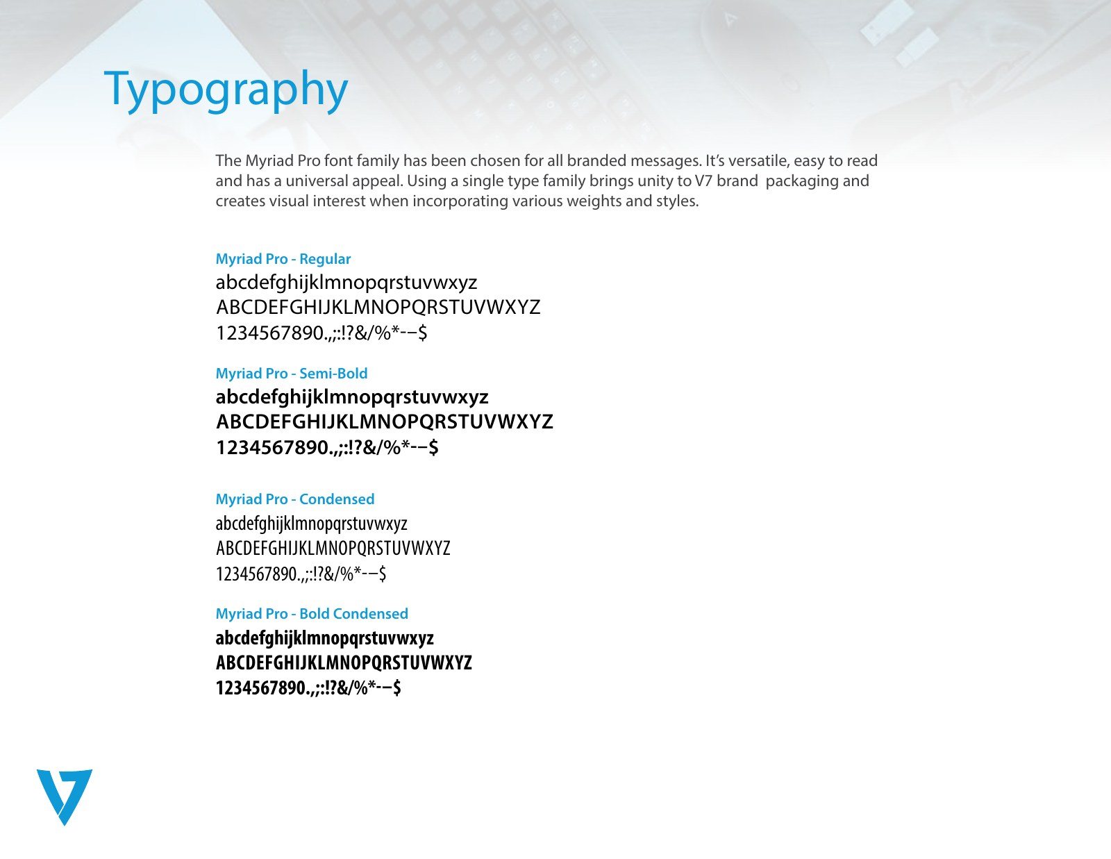 Typography page showing Myriad Pro regular, semi-bold, condensed and bold condensed specimens