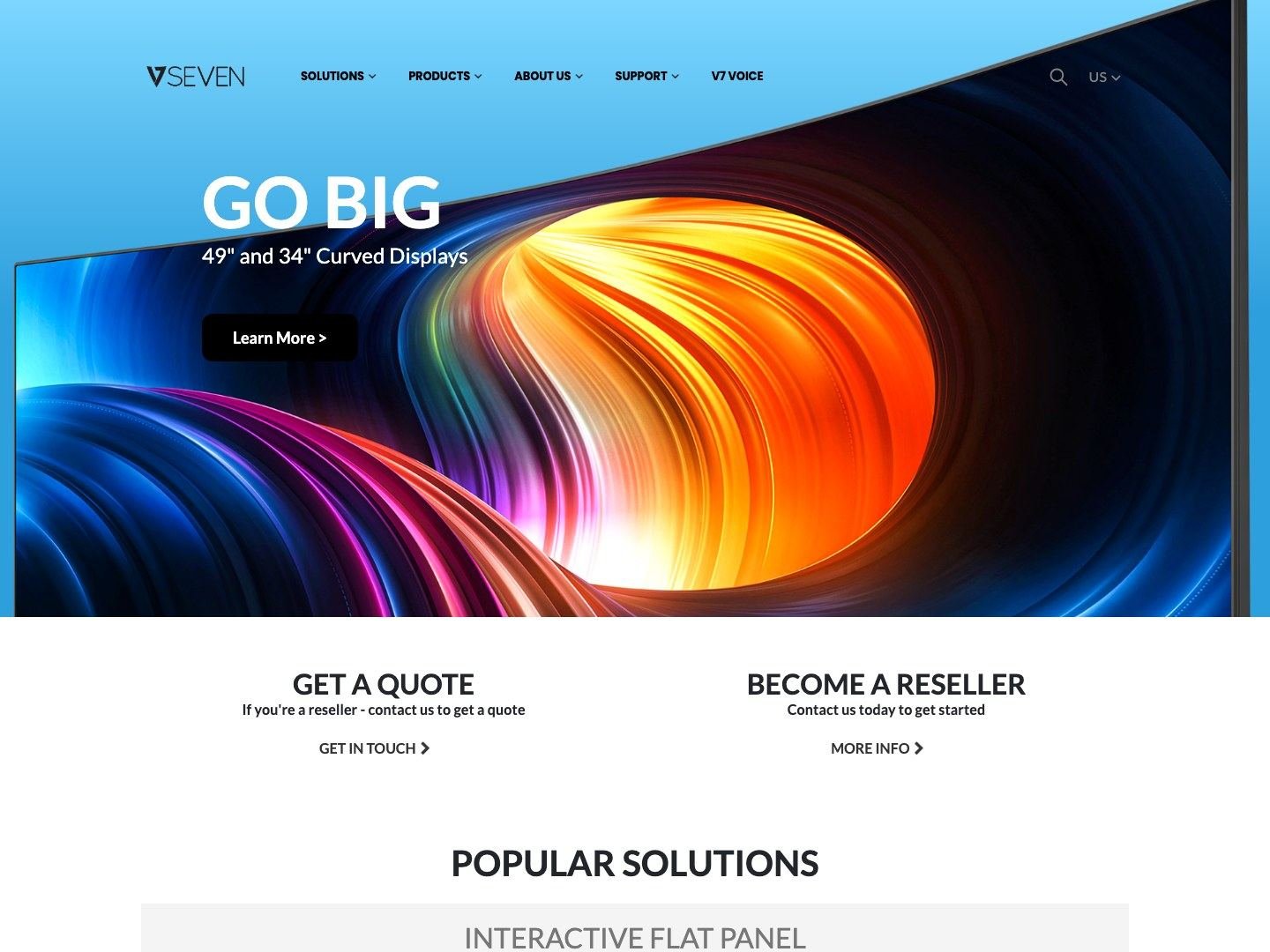 Homepage of v7world.com with a curved display showing a colorful abstract swirl