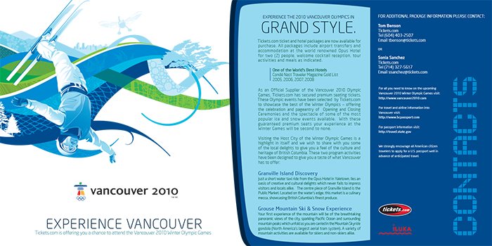 Brochure for the Vancouver 2010 Winter Games with a skier illustration and a blue contacts panel